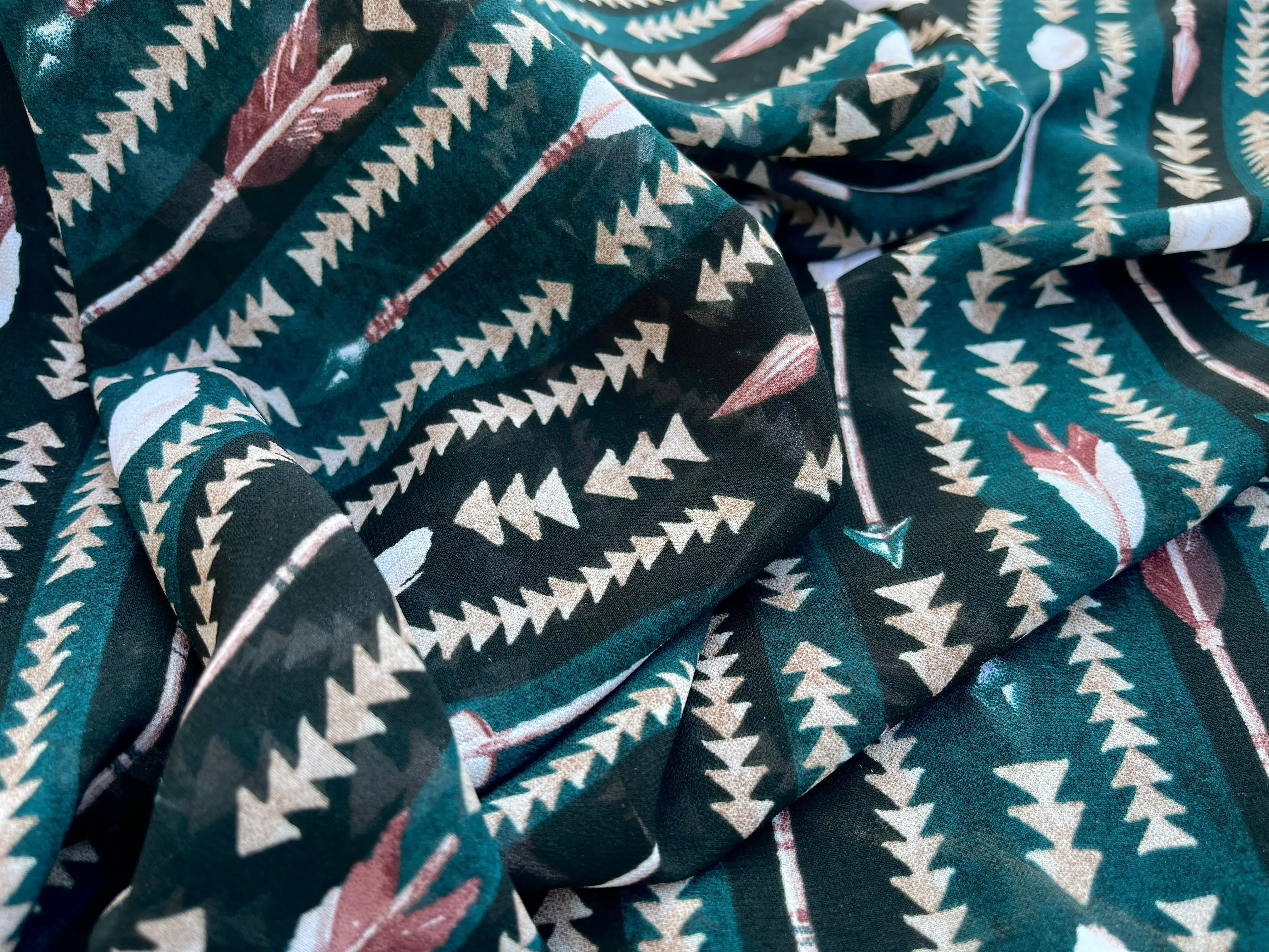Chelsea Chiffon fabric by the yard - Jade green coral arrow  tribal aztec print