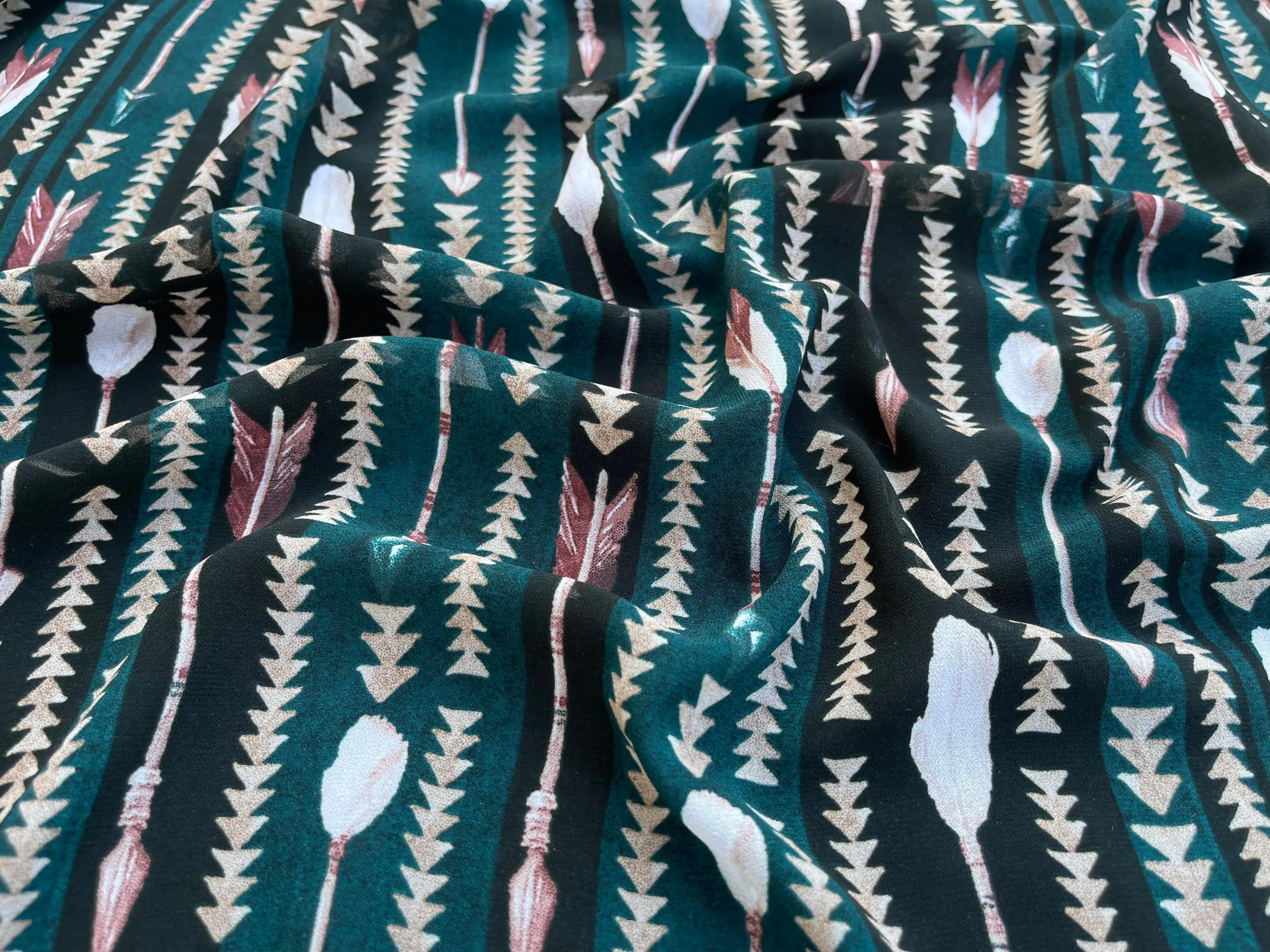 Chelsea Chiffon fabric by the yard - Jade green coral arrow  tribal aztec print