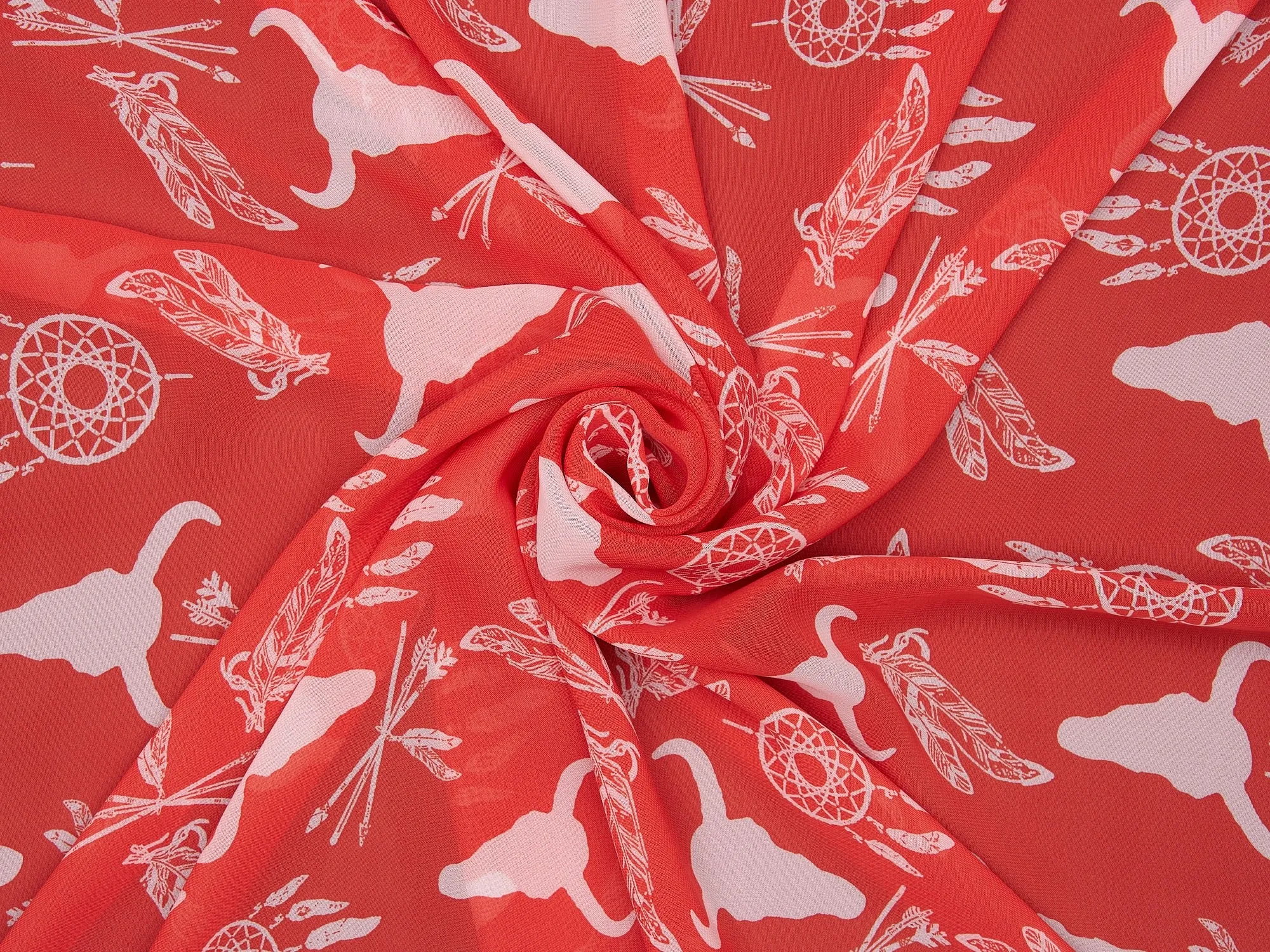 Chiffon fabric by the yard -Orange skull   tribal aztec print