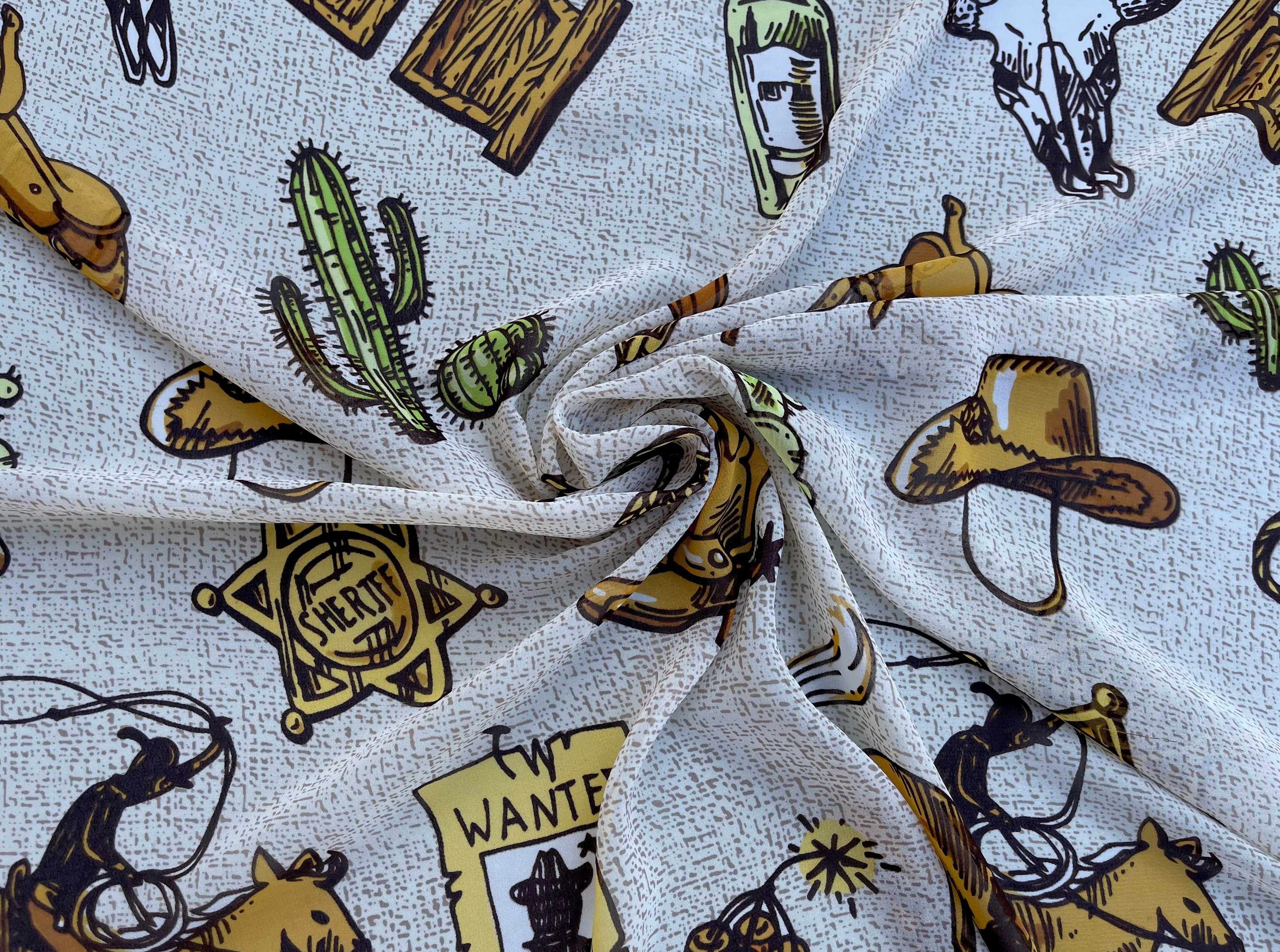 Chiffon fabric by the yard - Wild West cactus horses   tribal aztec print