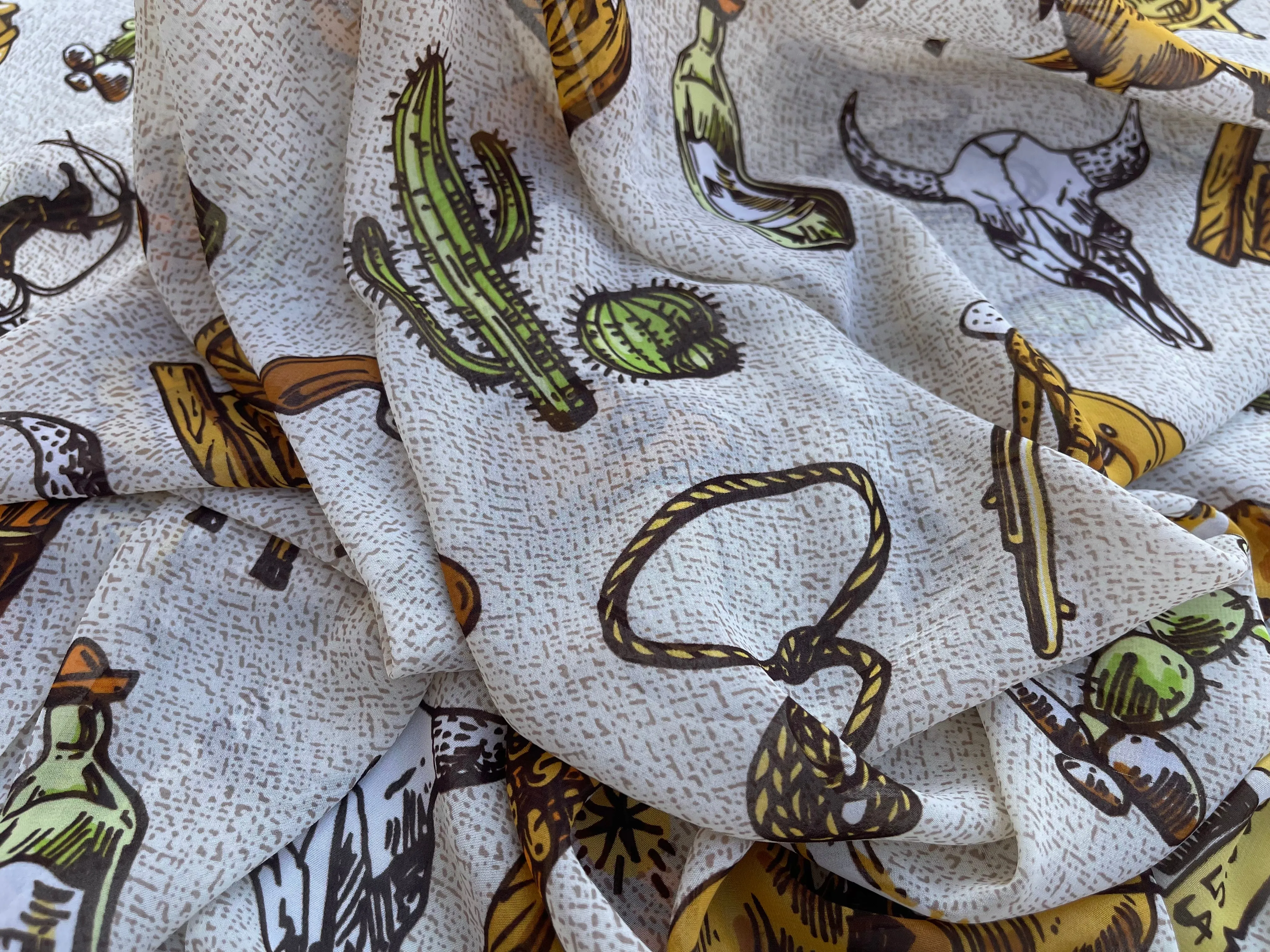 Chiffon fabric by the yard - Wild West cactus horses   tribal aztec print