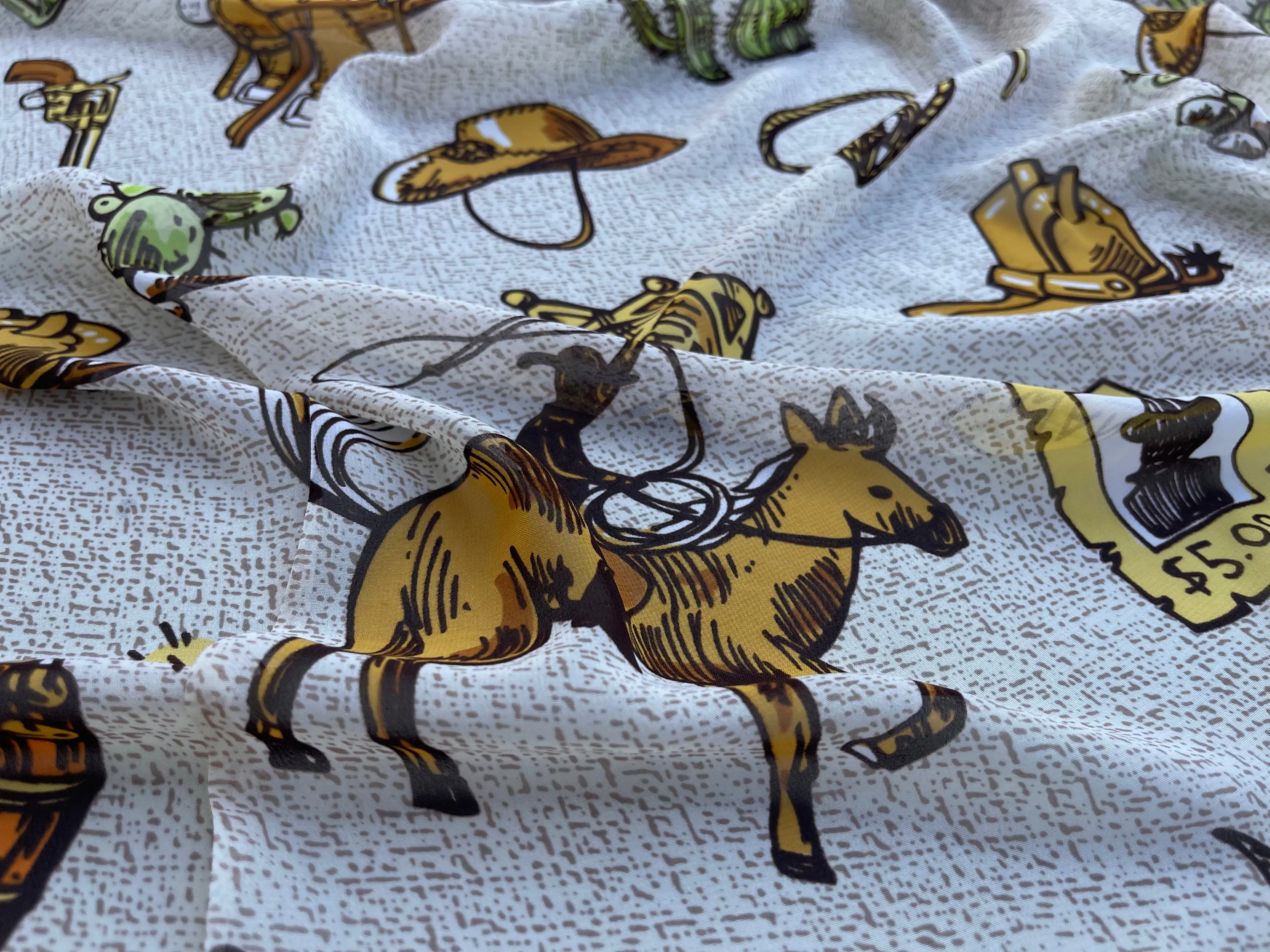 Chiffon fabric by the yard - Wild West cactus horses   tribal aztec print