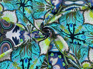 Peachskin  fabric by the yard - blue orange green white floral paisley