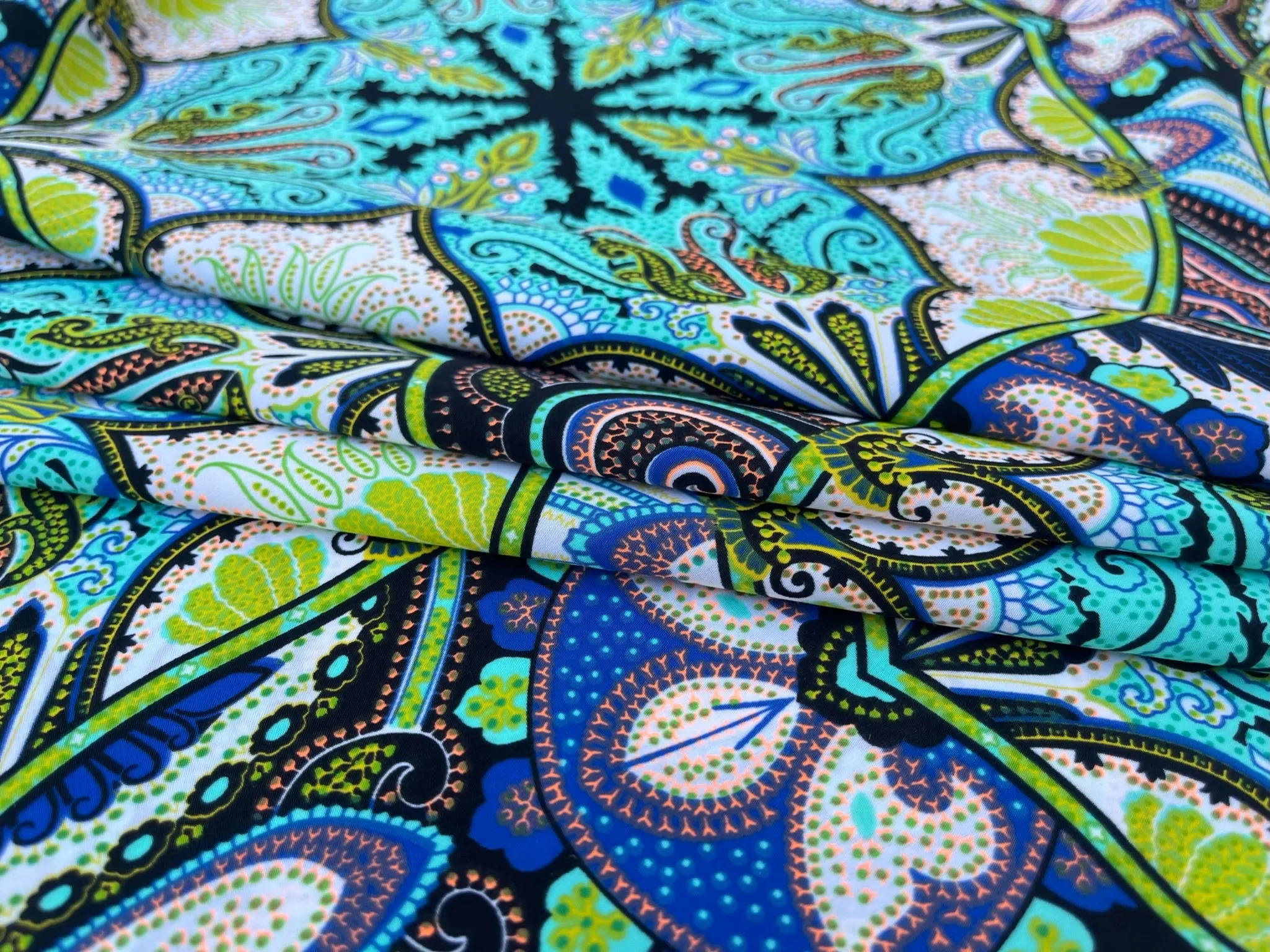 Peachskin  fabric by the yard - blue orange green white floral paisley
