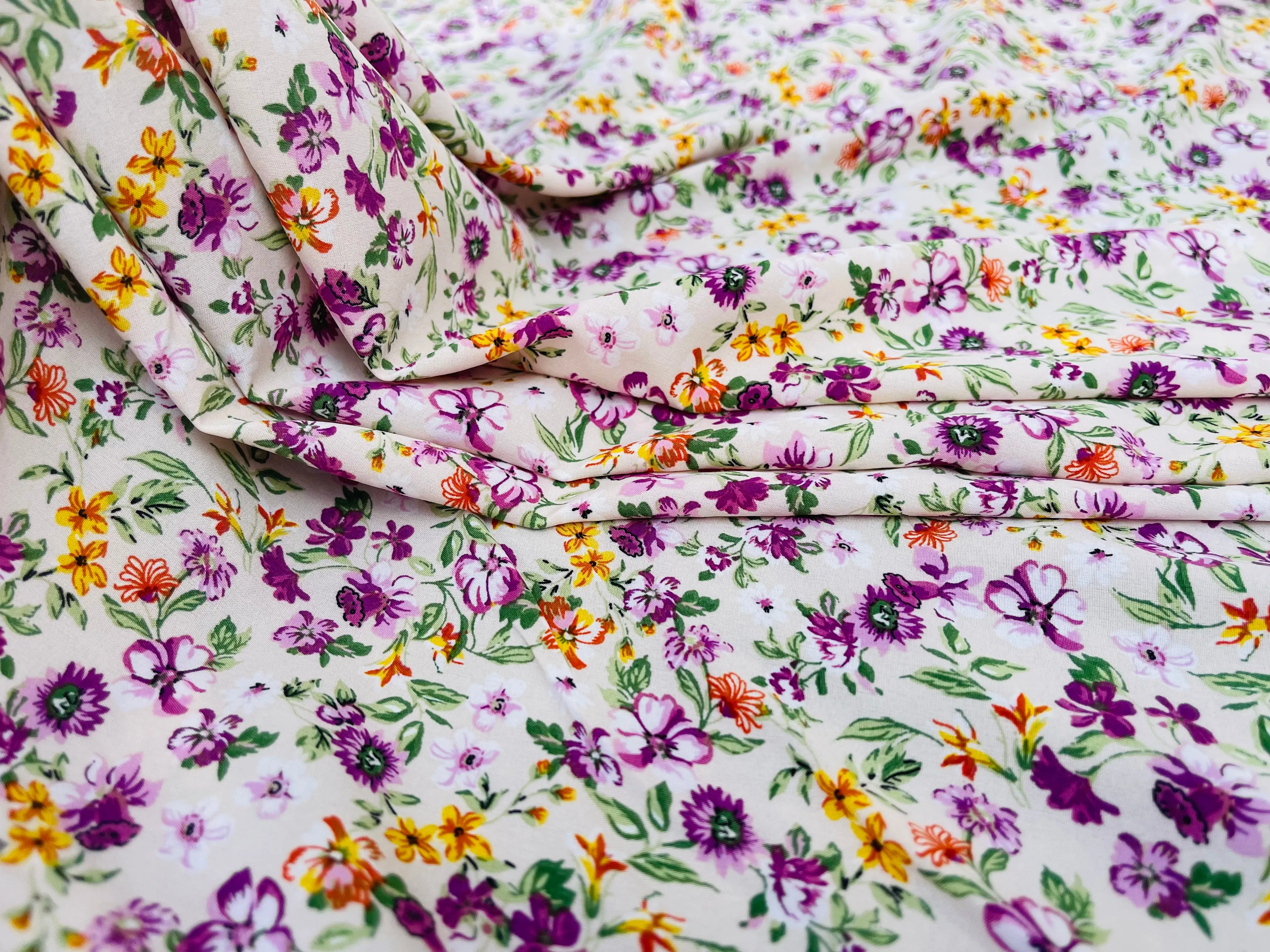 Peachskin  fabric by the yard -  Pink, purple and off white floral print