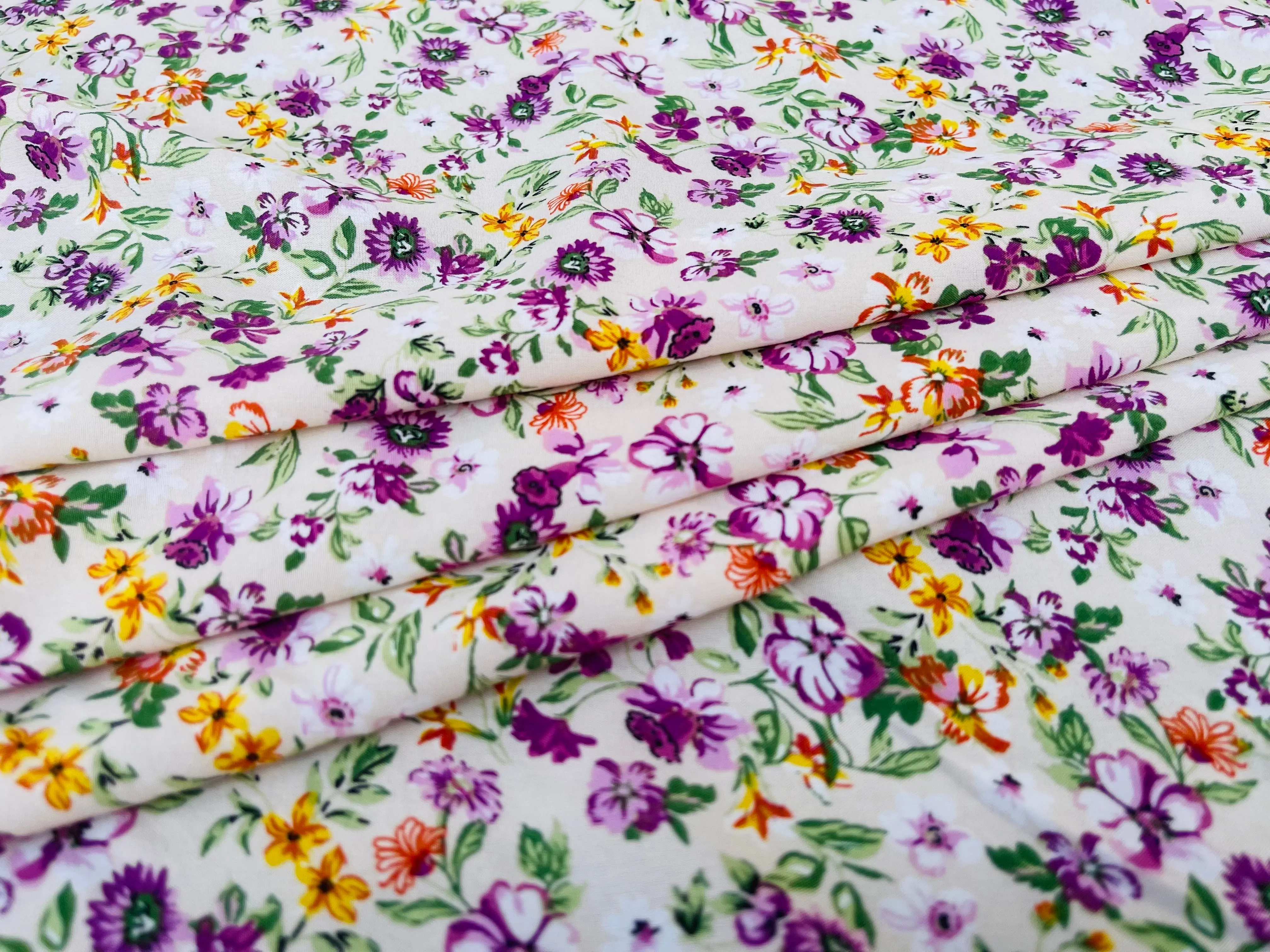 Peachskin  fabric by the yard -  Pink, purple and off white floral print